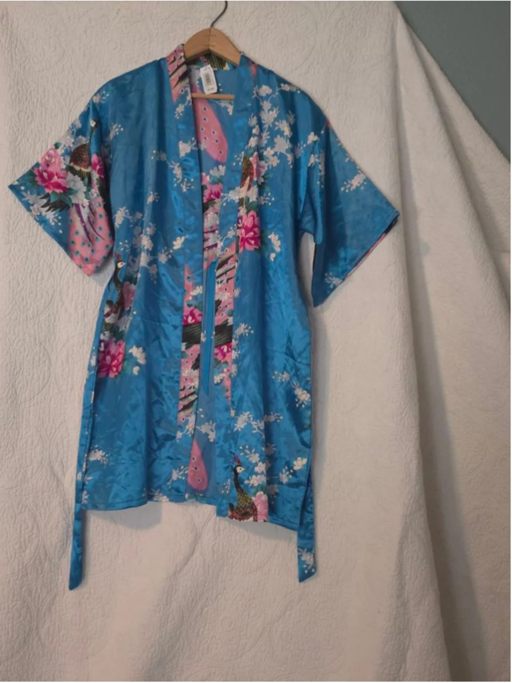 Teal Blue & Pink Satin Floral Peacock Kimono Robe Large Regency Special Occasion